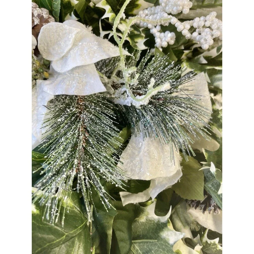 Lot of 3 White Artificial Poinsettias, Snowy pine and Sliver Ornaments